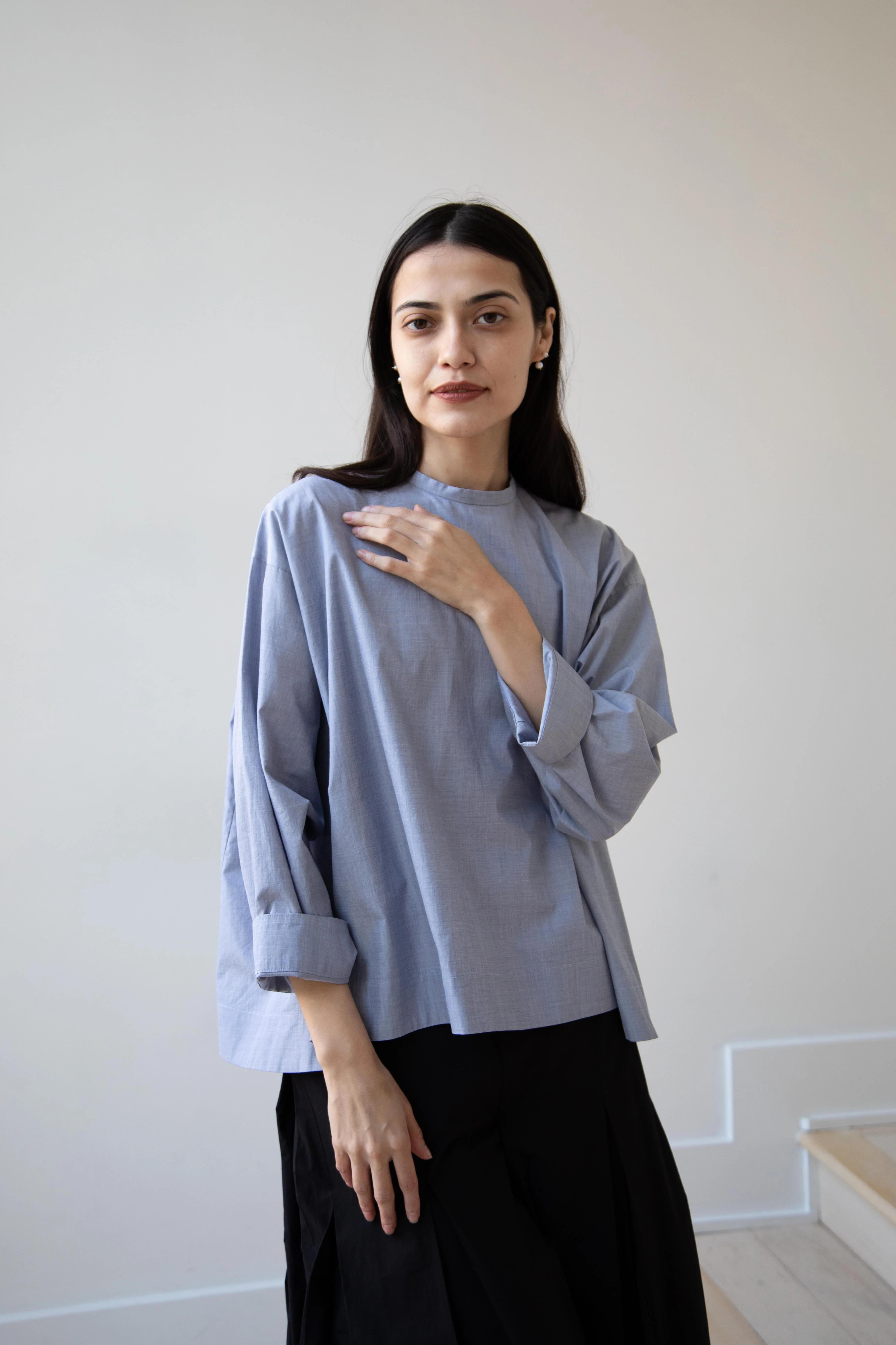 Arts & Science | Back Button Tent Line Top in Blue Cotton - Image 2