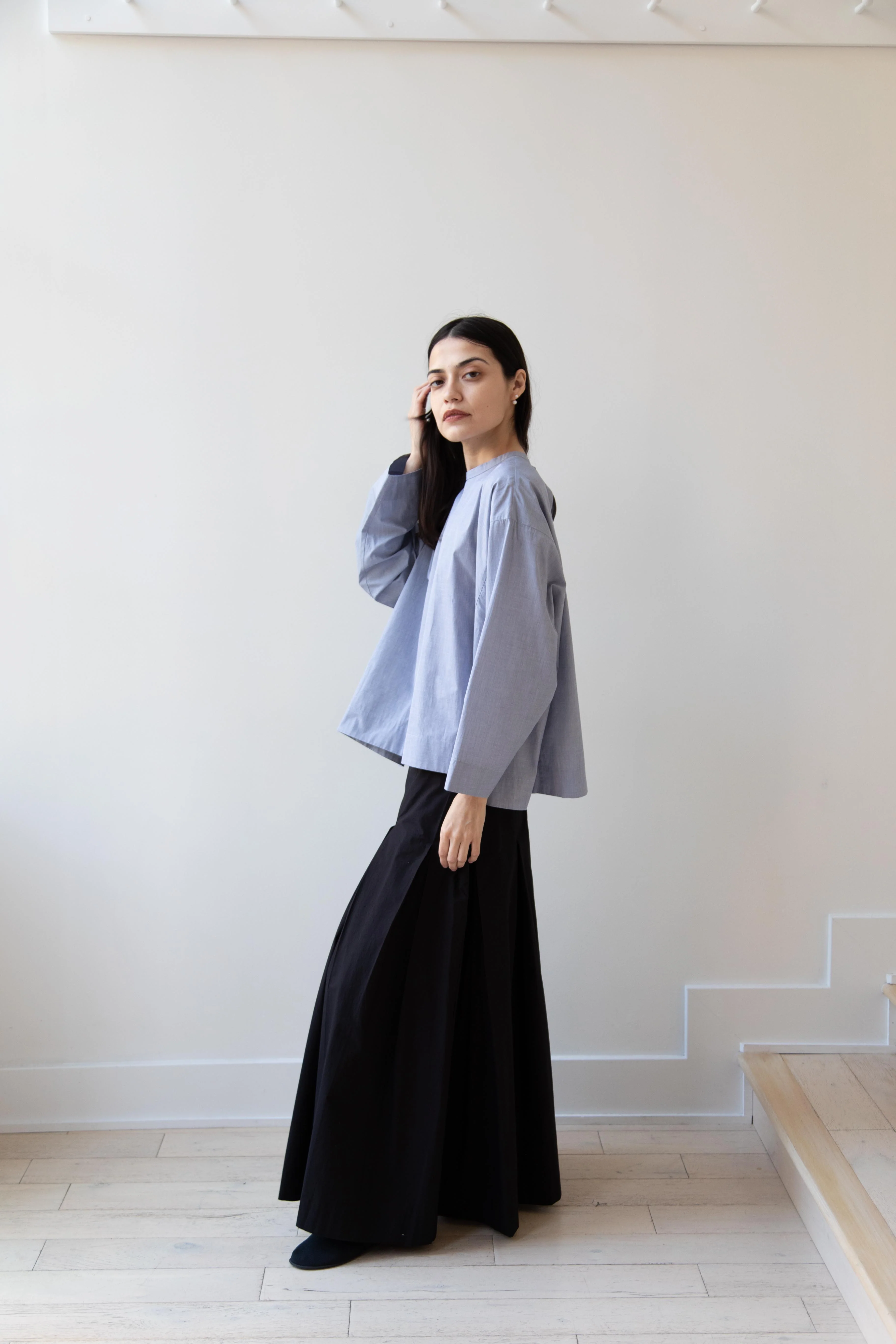 Arts & Science | Back Button Tent Line Top in Blue Cotton - Image 23