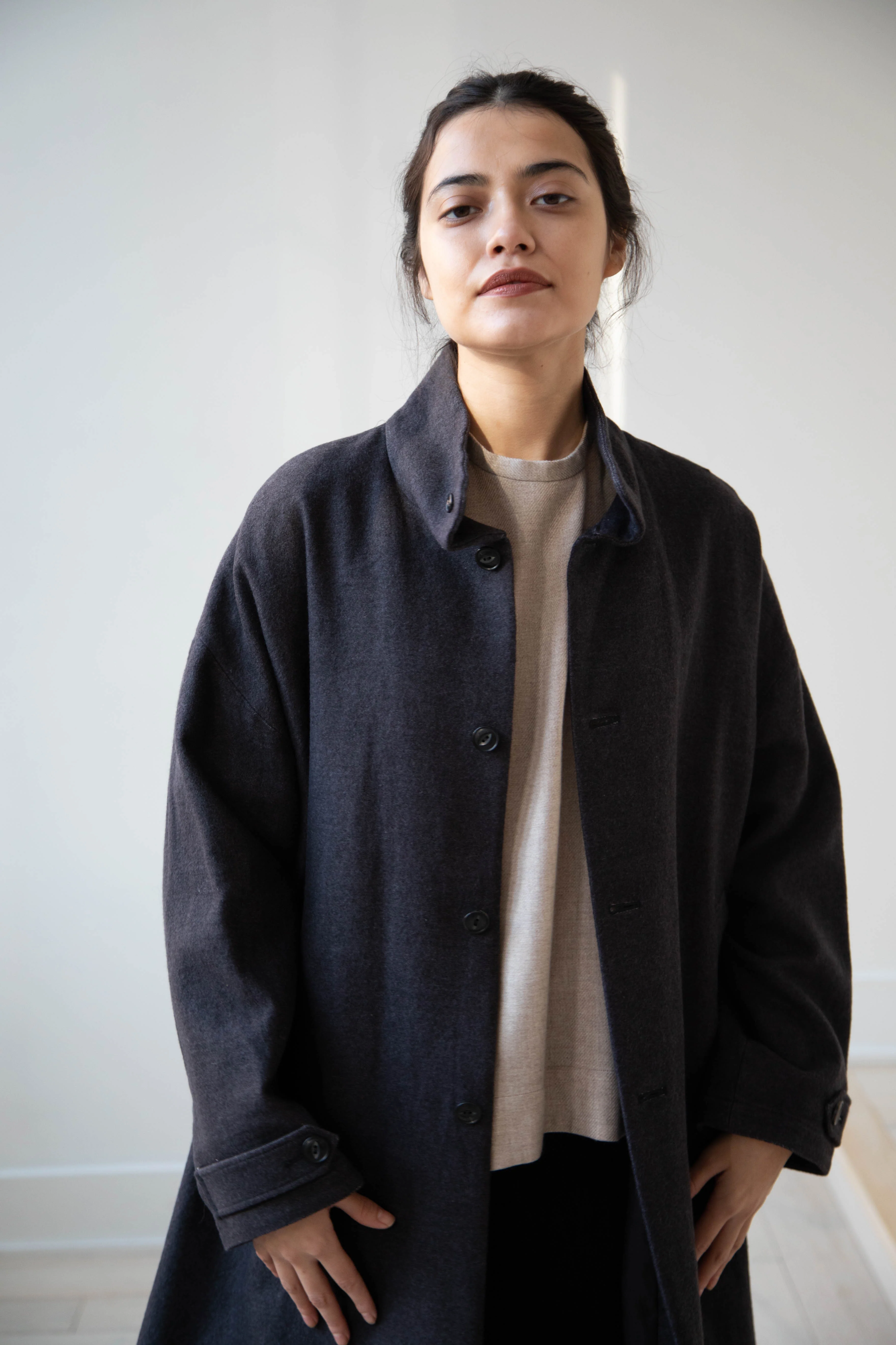 Arts & Science Band Collar Balloon Coat in Charcoal - Image 14