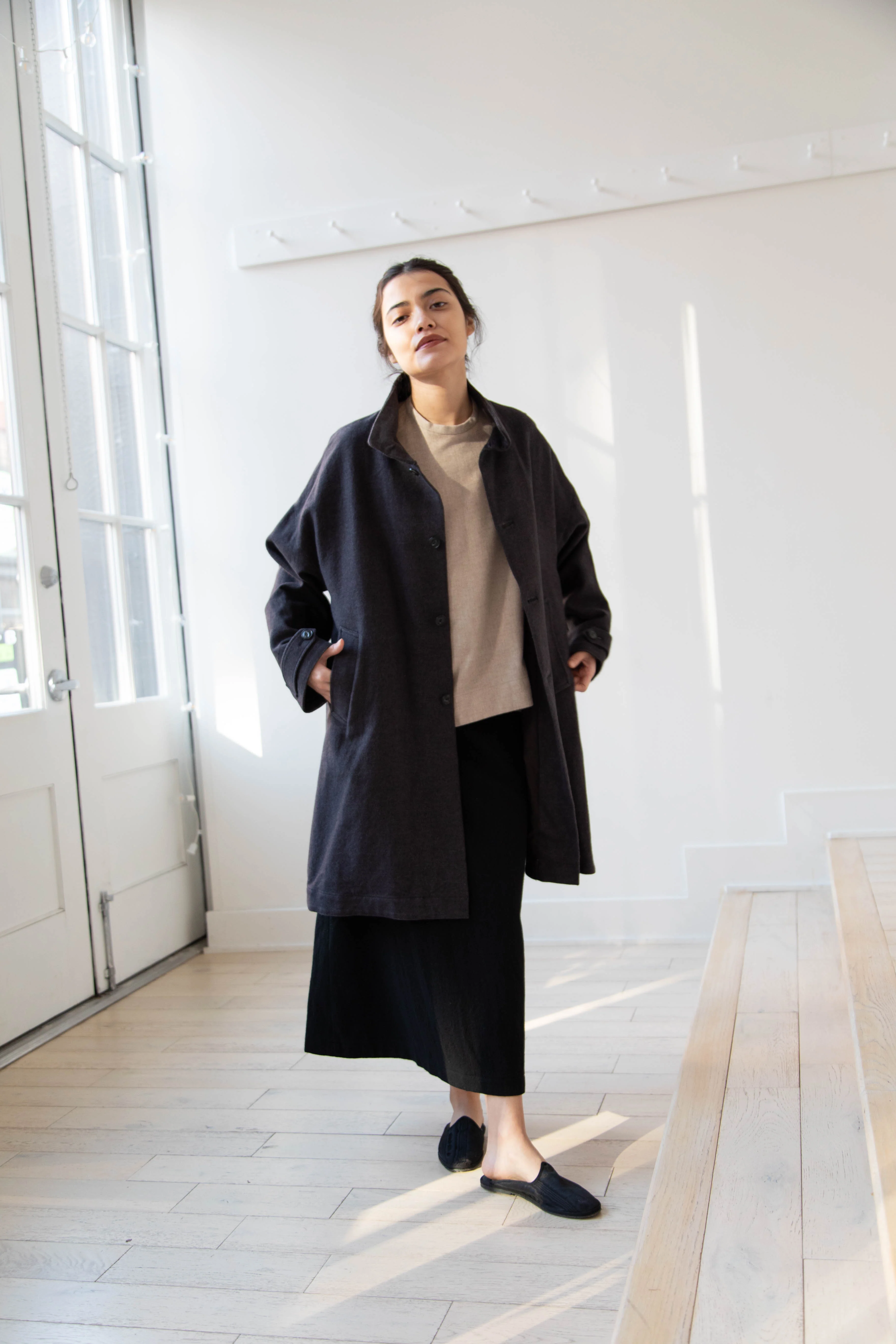 Arts & Science Band Collar Balloon Coat in Charcoal - Image 19