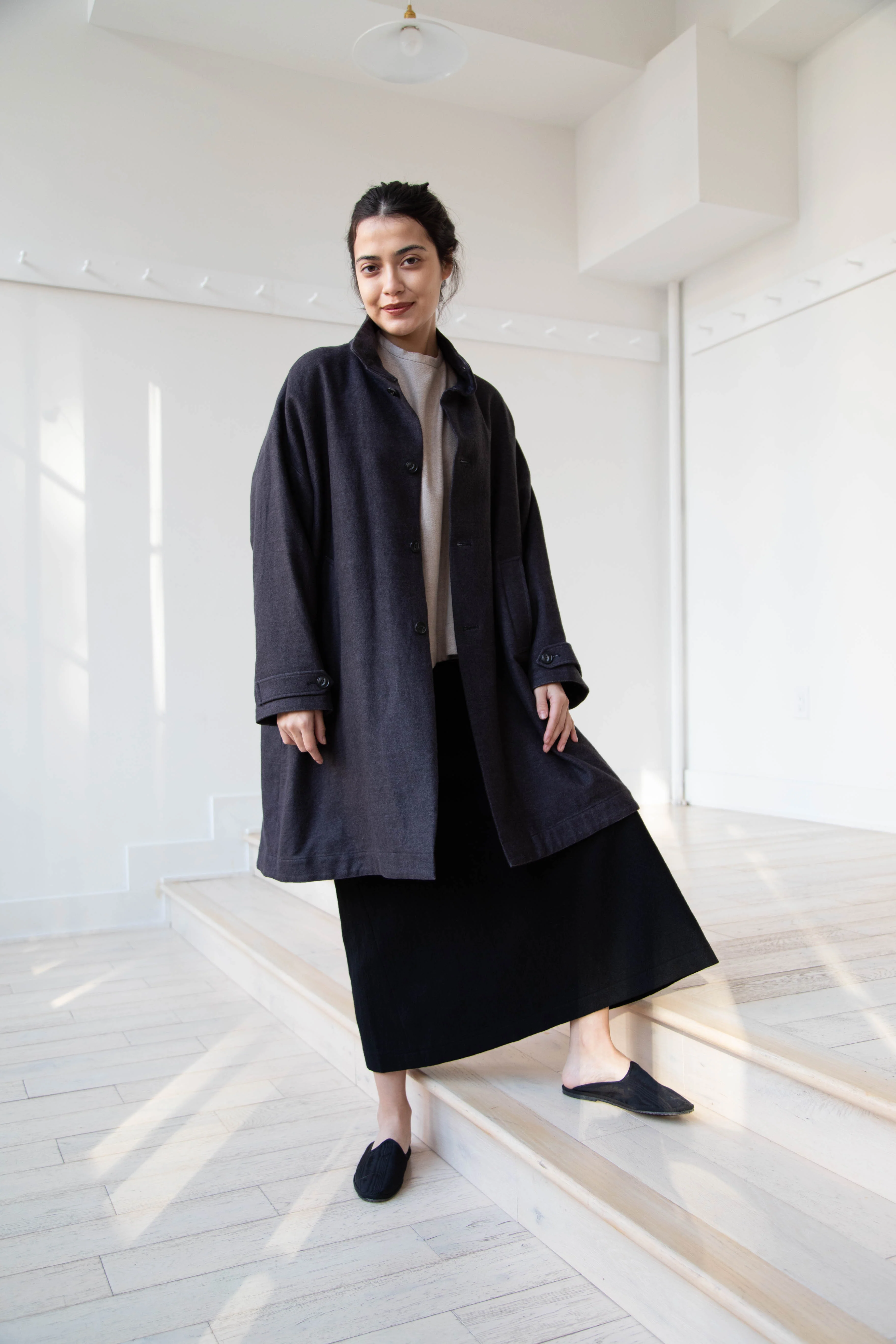 Arts & Science Band Collar Balloon Coat in Charcoal - Image 29