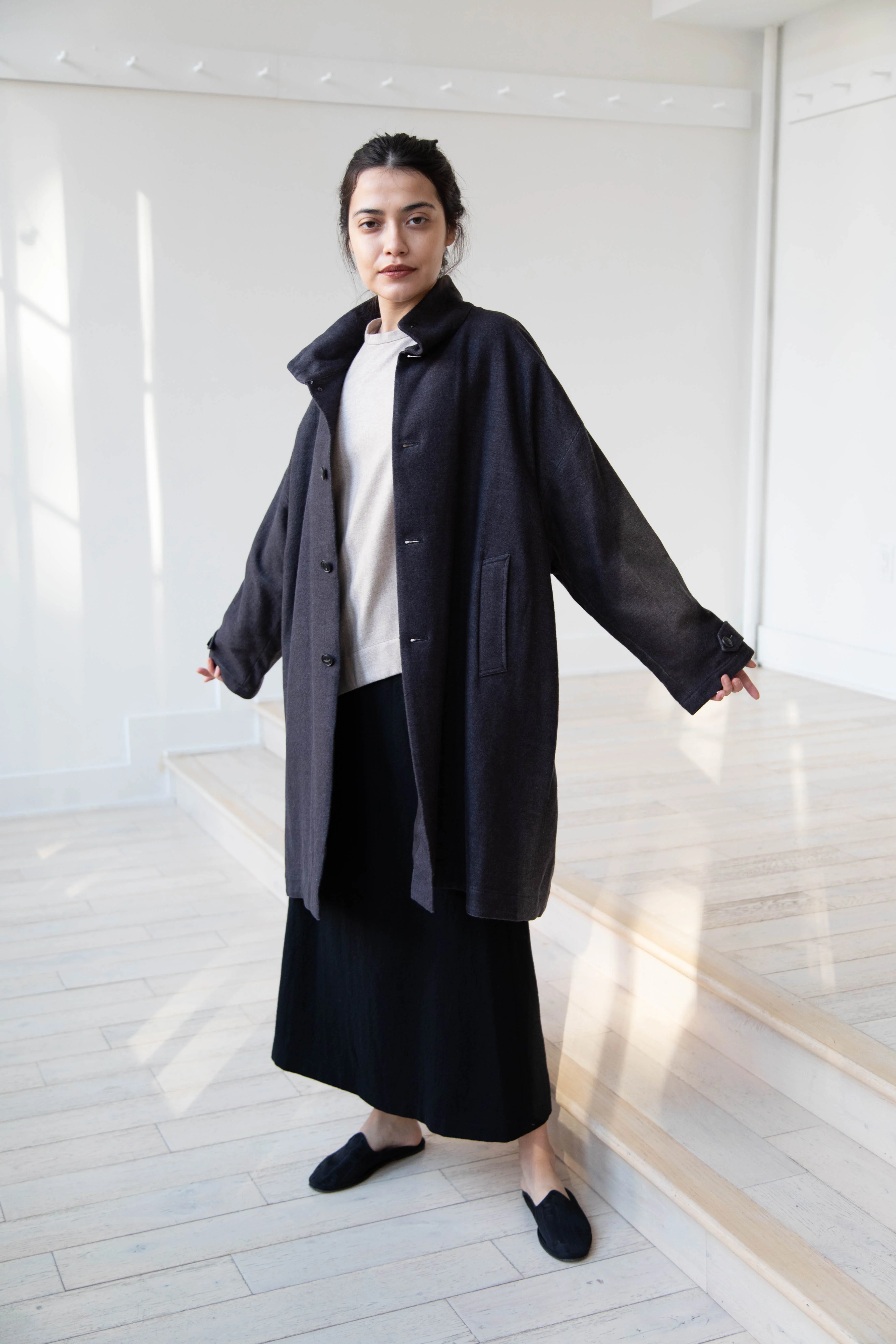 Arts & Science Band Collar Balloon Coat in Charcoal - Image 35