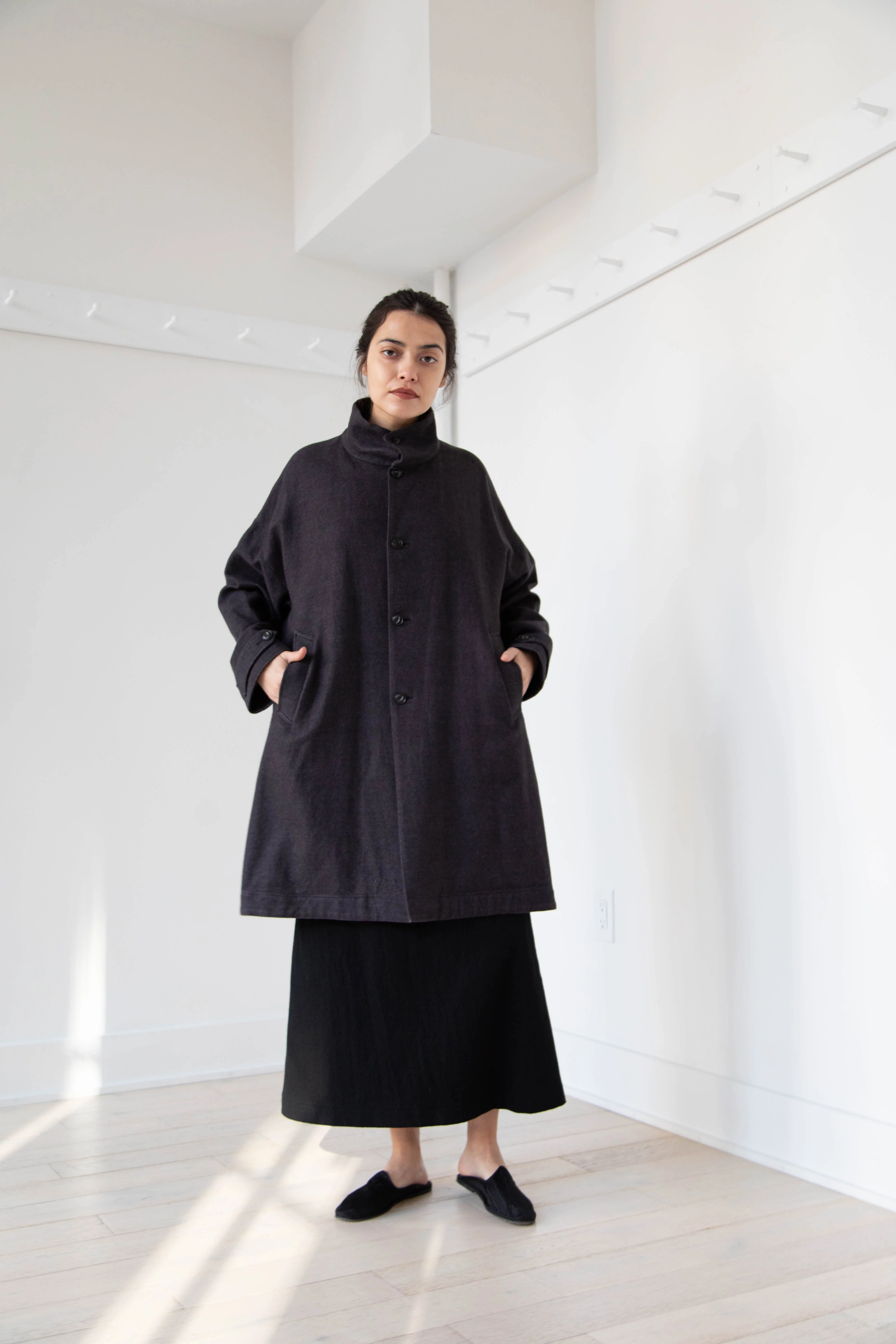 Arts & Science Band Collar Balloon Coat in Charcoal - Image 47