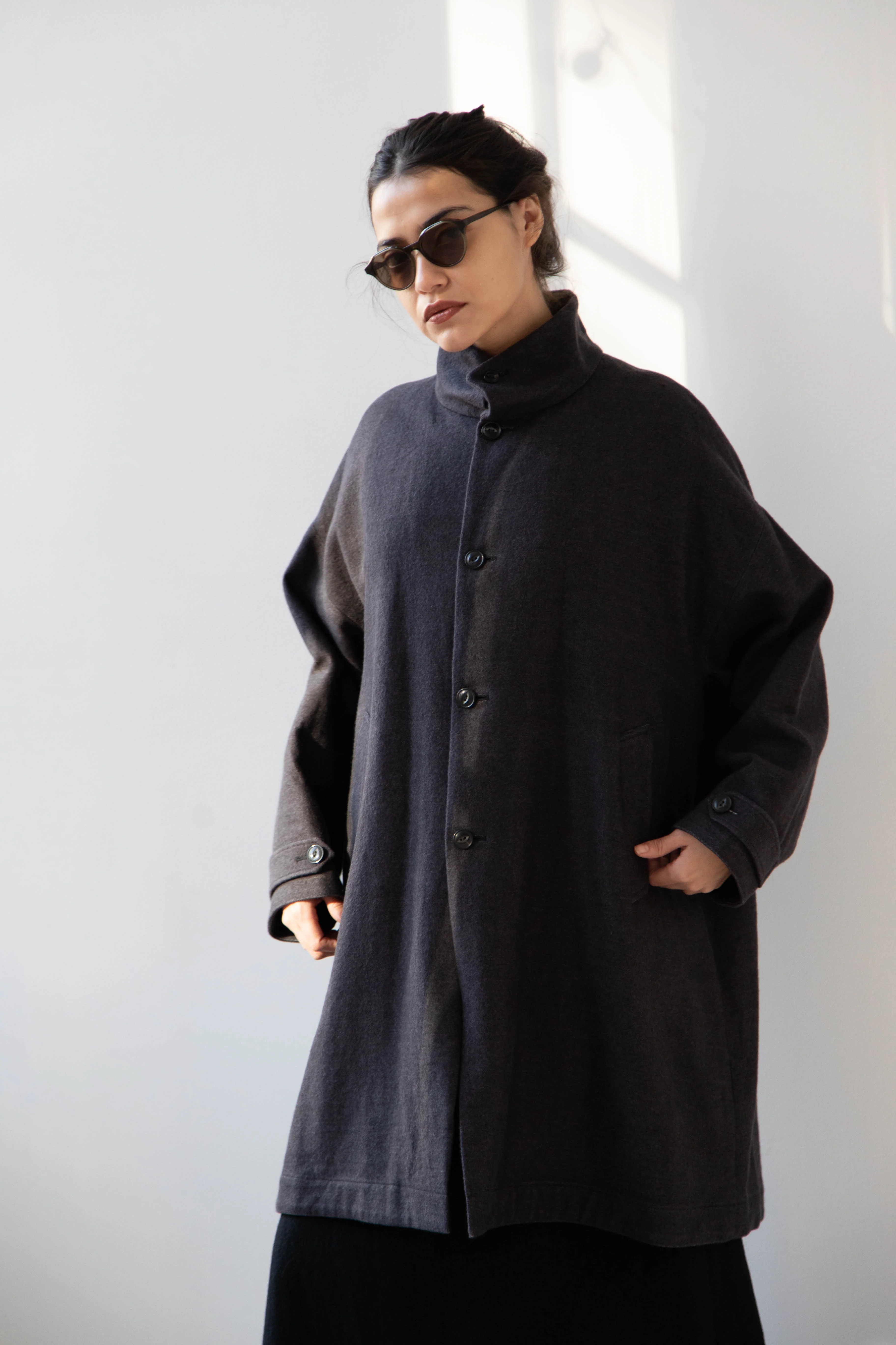 Arts & Science Band Collar Balloon Coat in Charcoal - Image 53