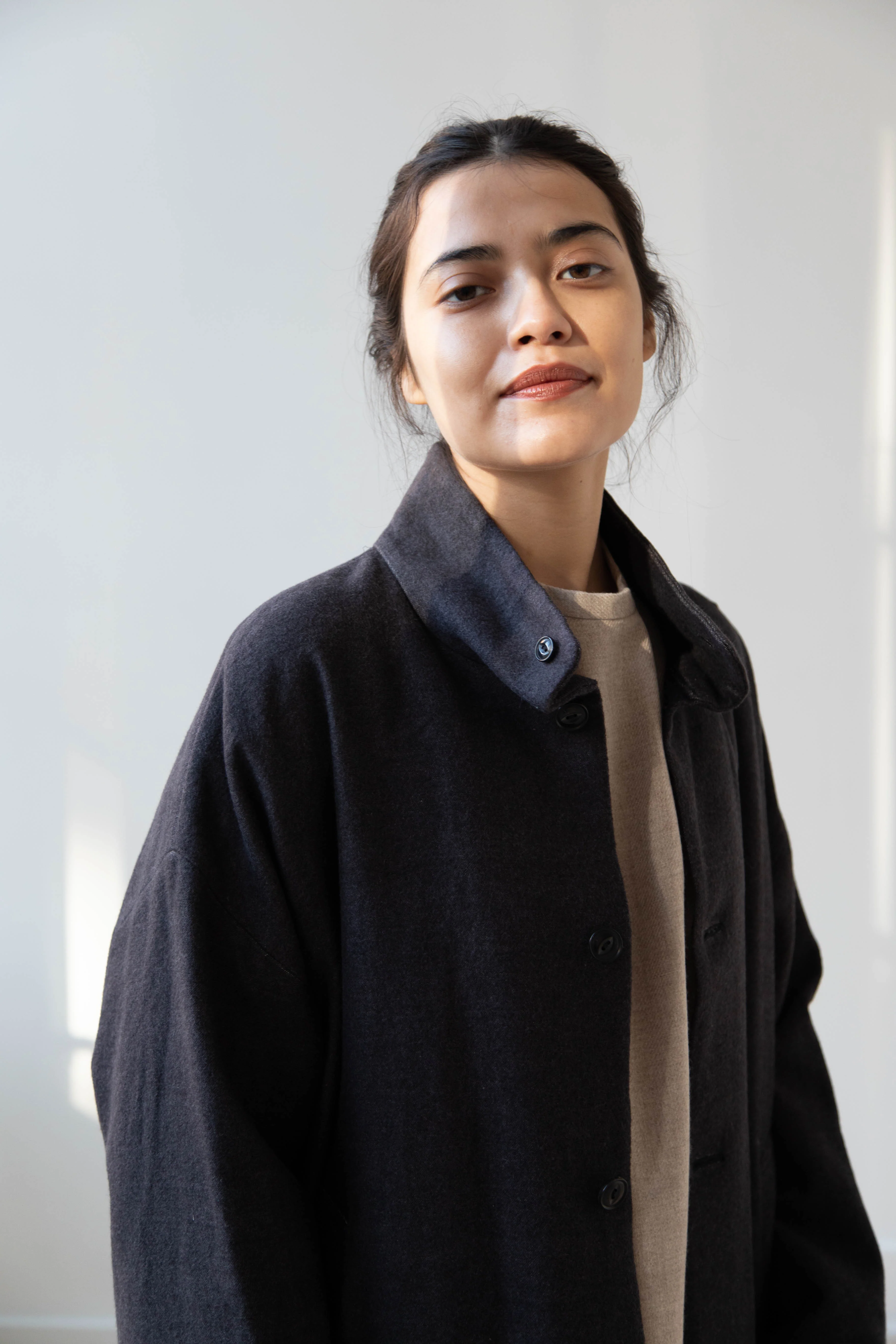 Arts & Science Band Collar Balloon Coat in Charcoal - Image 9
