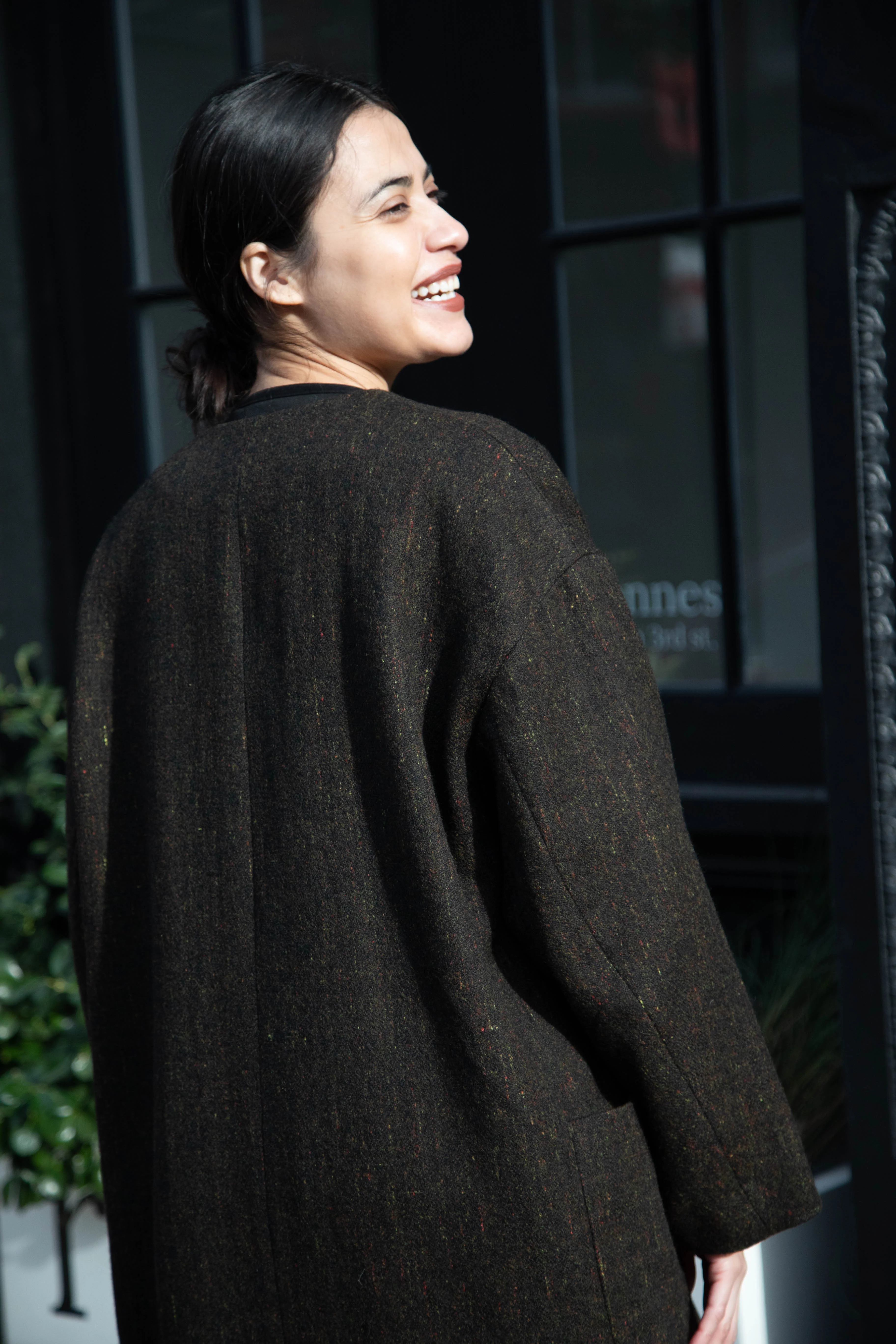 Arts & Science Tweed V-Neck Long Coat in Moss - Image 8