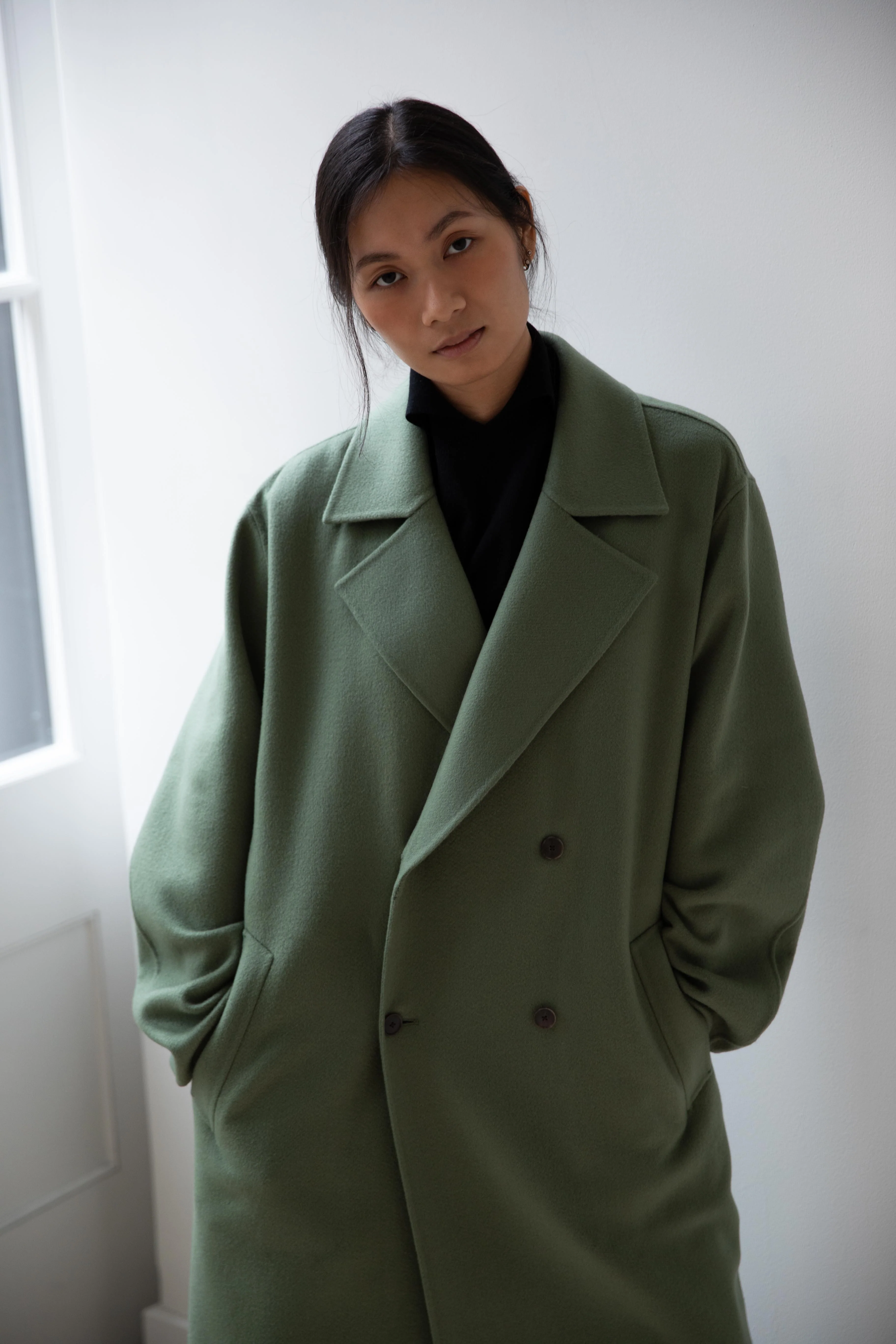 Auralee | Cashmere Melton Handsewn Coat in Olive - Image 45