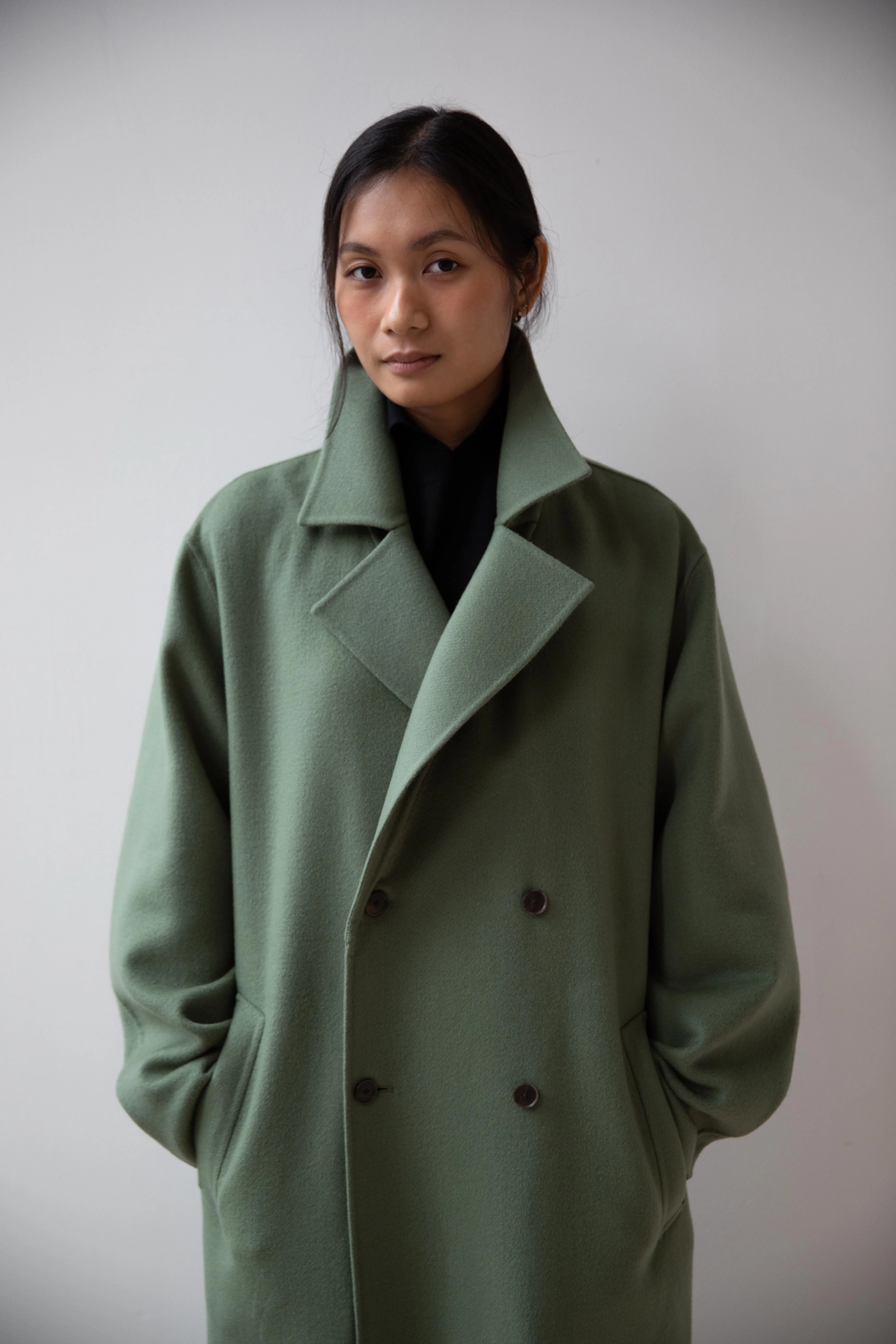 Auralee | Cashmere Melton Handsewn Coat in Olive - Image 47