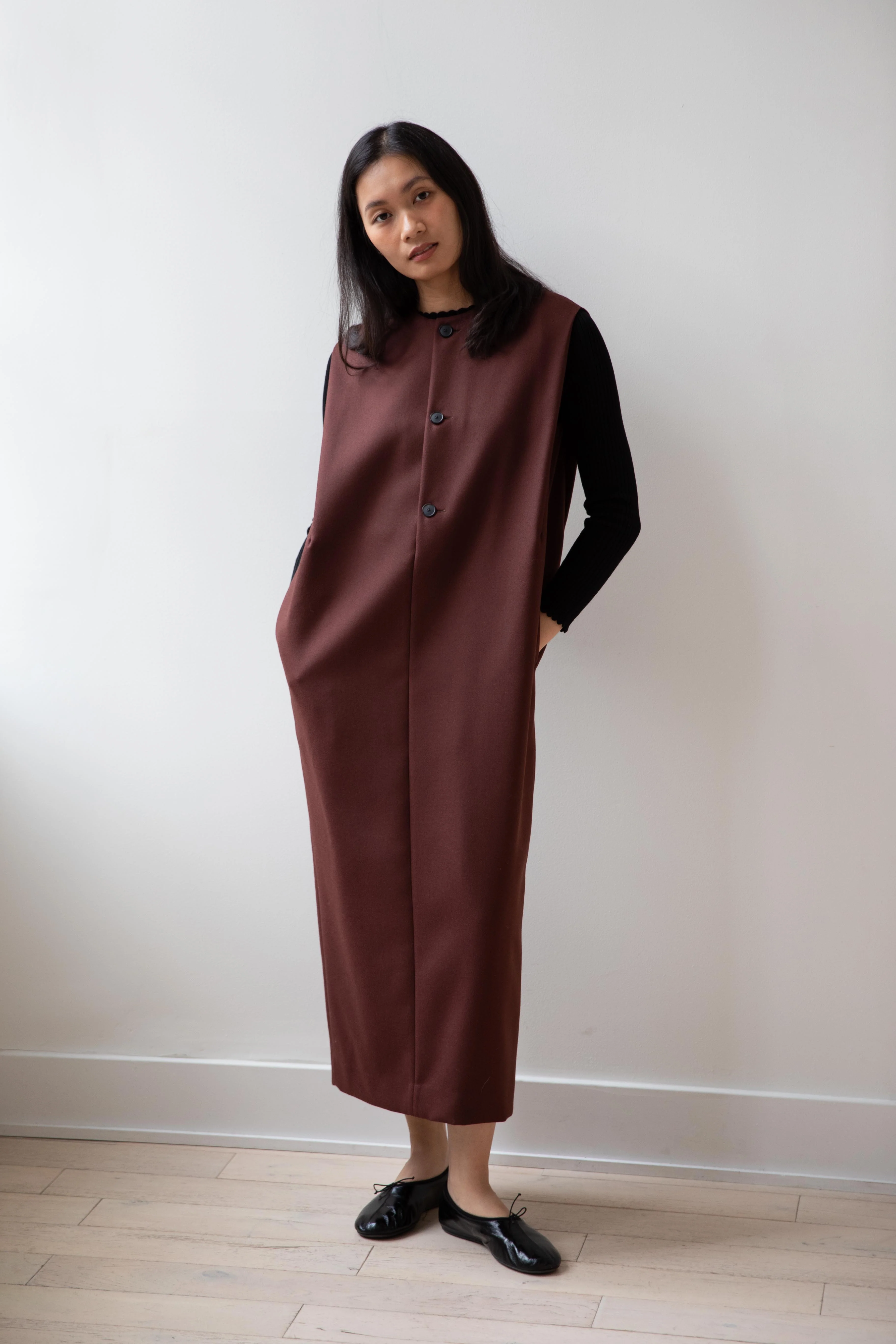 Auralee | Light Melton Sleeveless Dress in Bordeaux