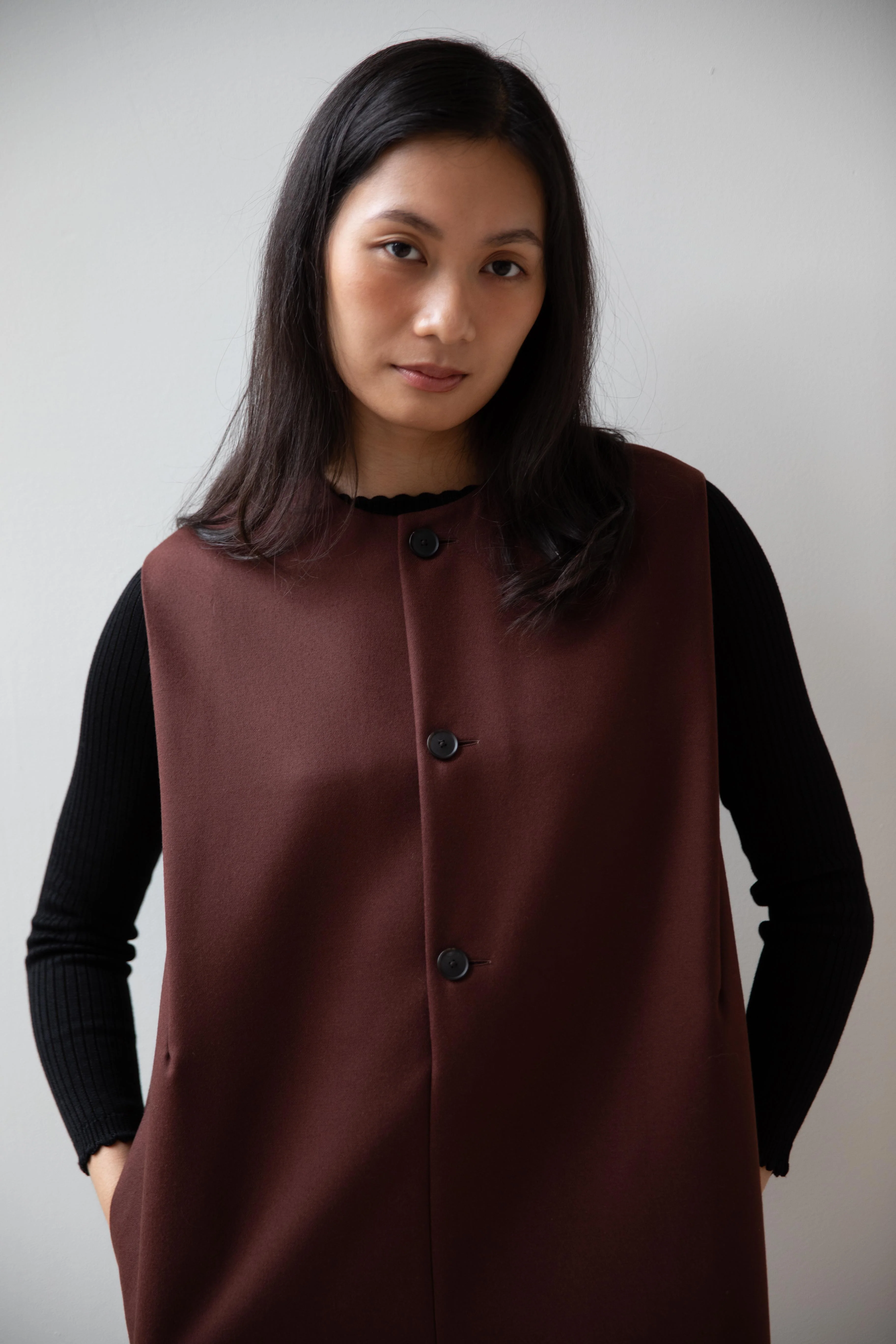 Auralee | Light Melton Sleeveless Dress in Bordeaux - Image 11