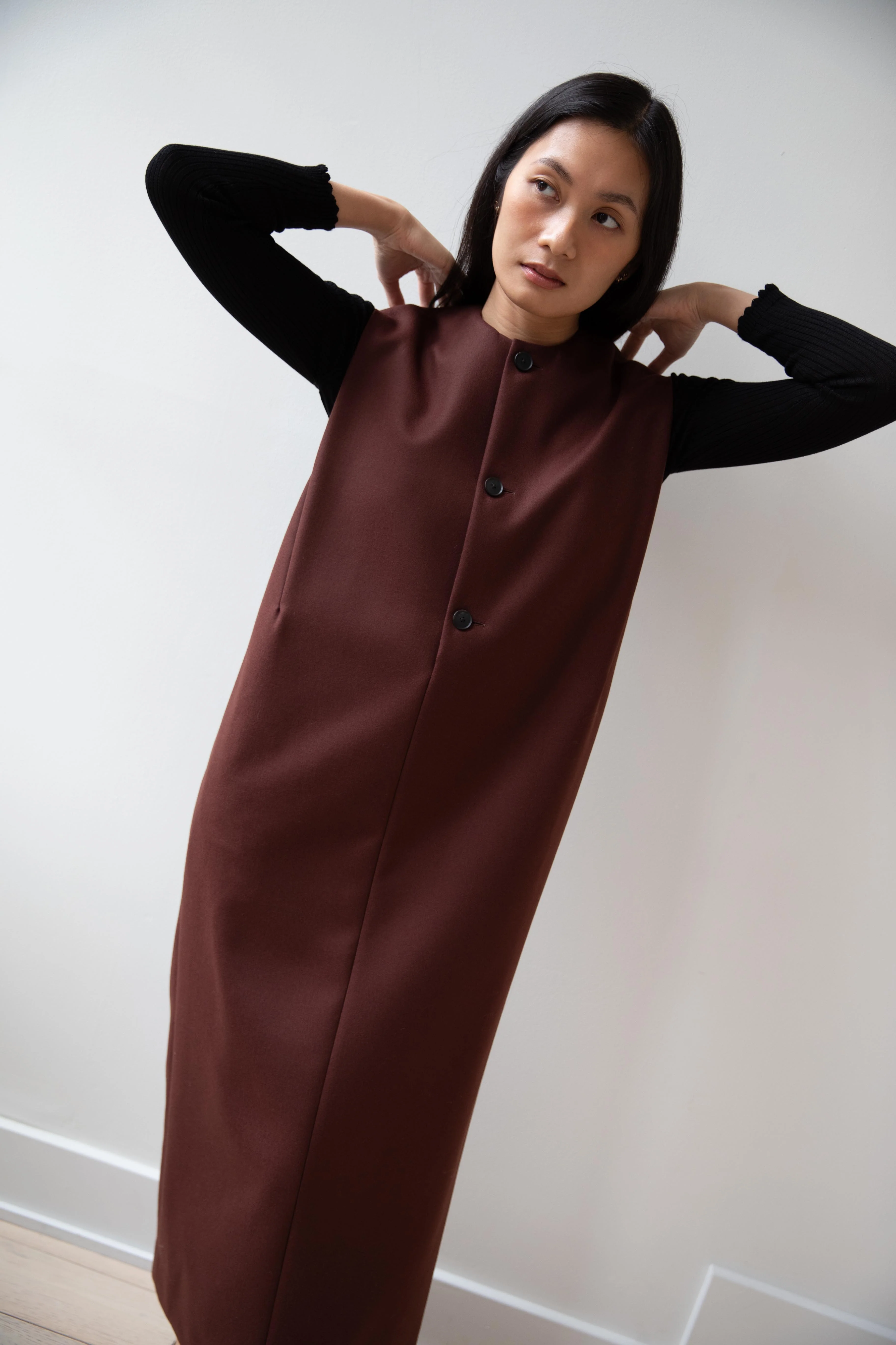 Auralee | Light Melton Sleeveless Dress in Bordeaux - Image 12