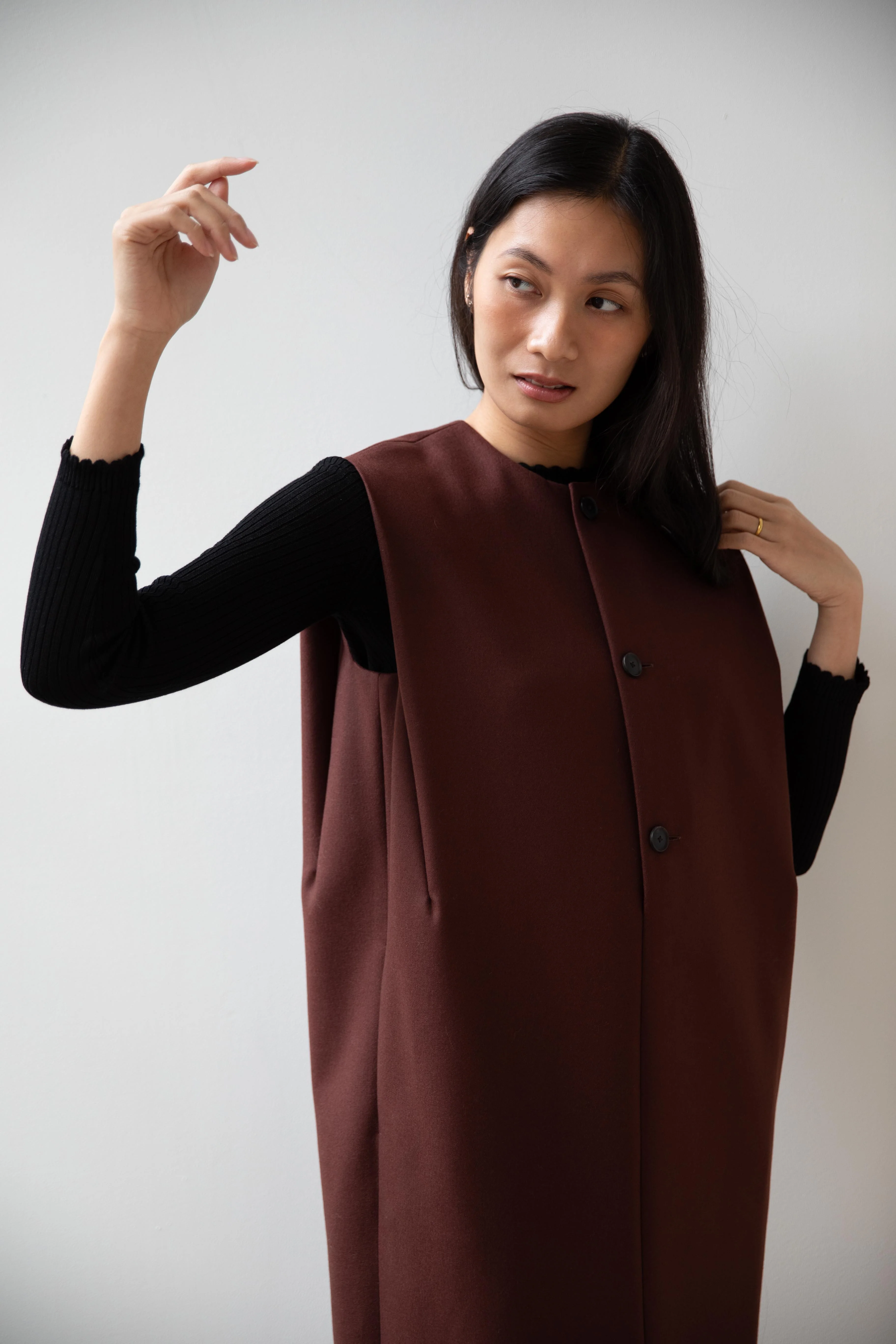 Auralee | Light Melton Sleeveless Dress in Bordeaux - Image 14