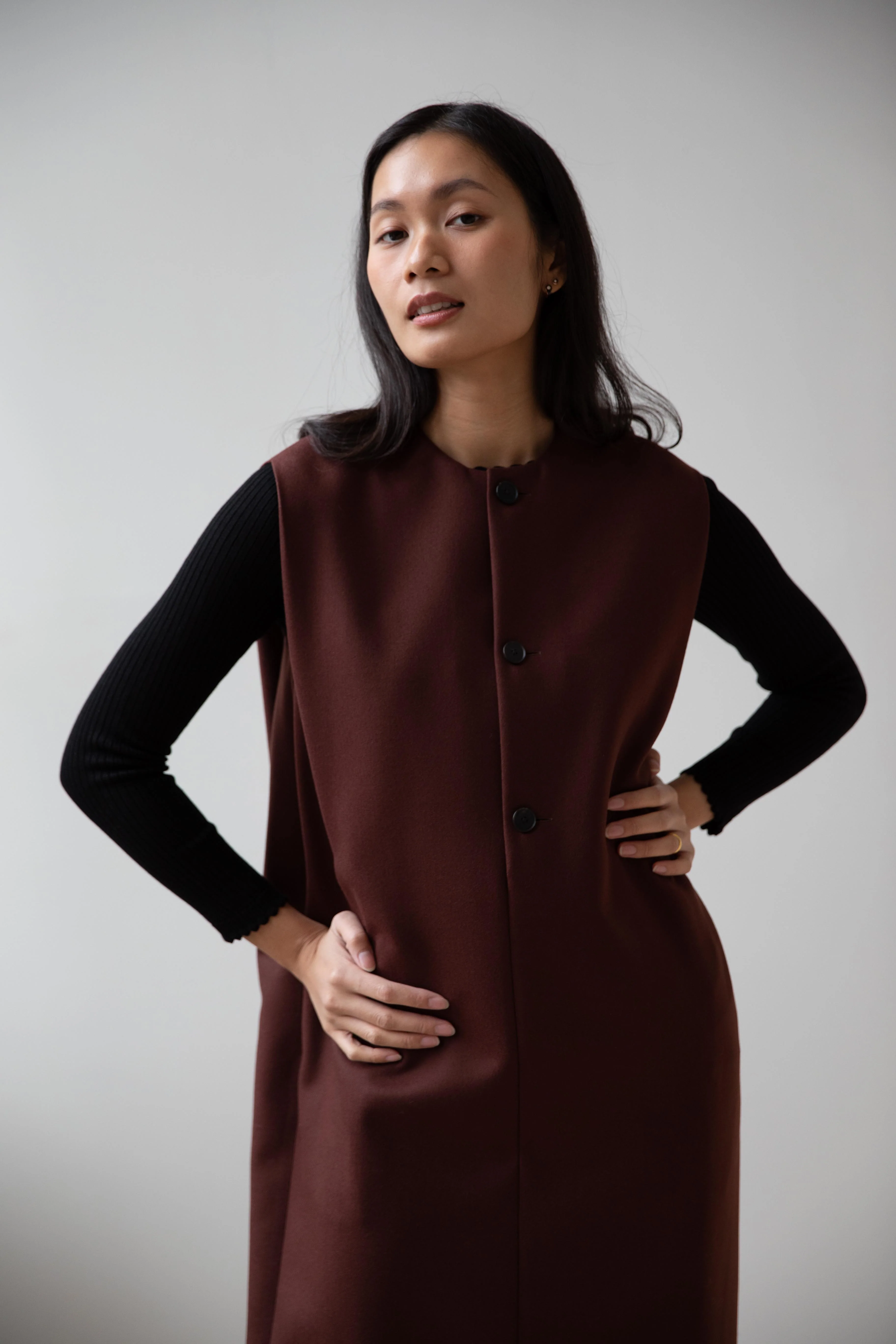 Auralee | Light Melton Sleeveless Dress in Bordeaux - Image 2