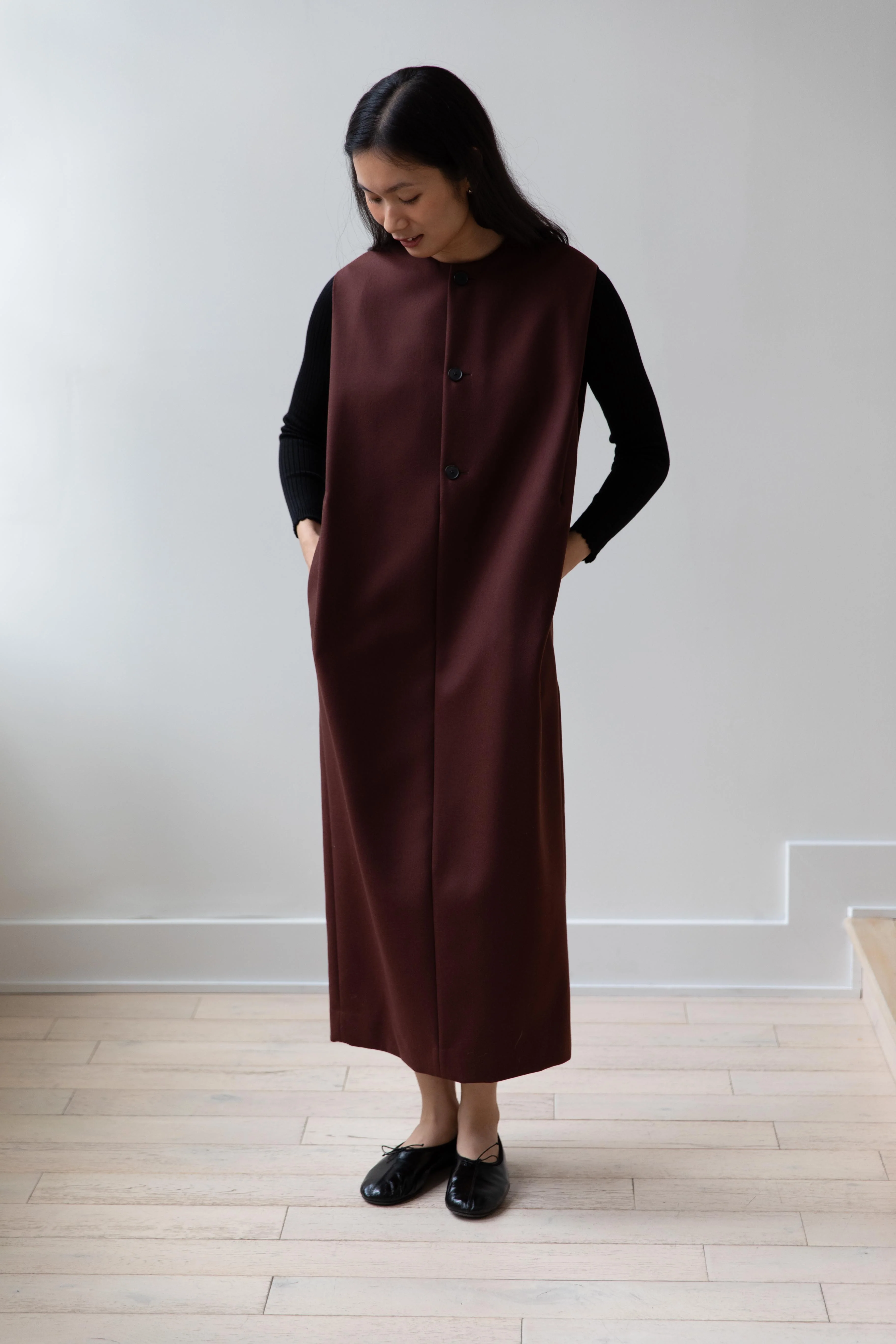 Auralee | Light Melton Sleeveless Dress in Bordeaux - Image 3