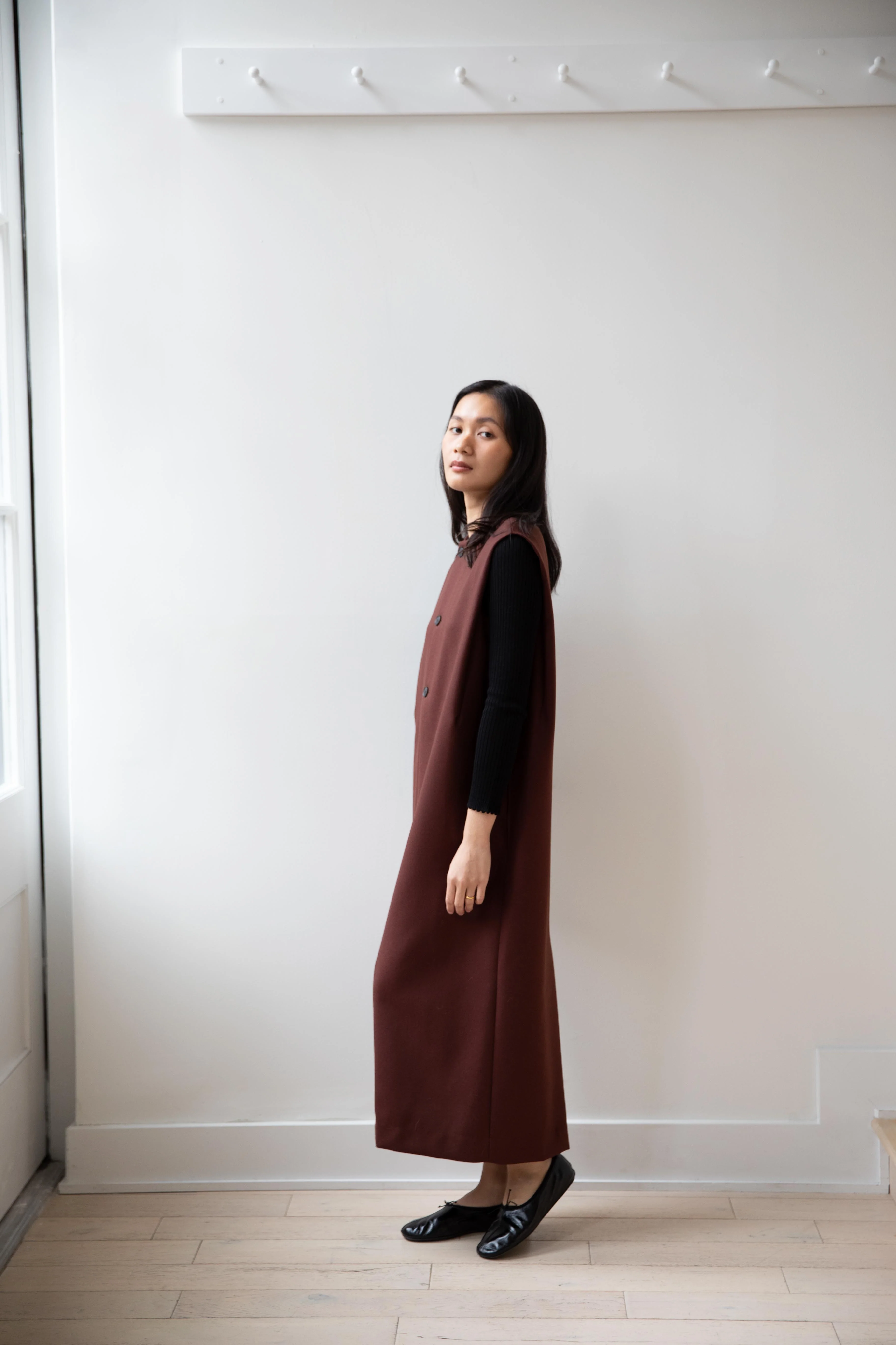 Auralee | Light Melton Sleeveless Dress in Bordeaux - Image 6