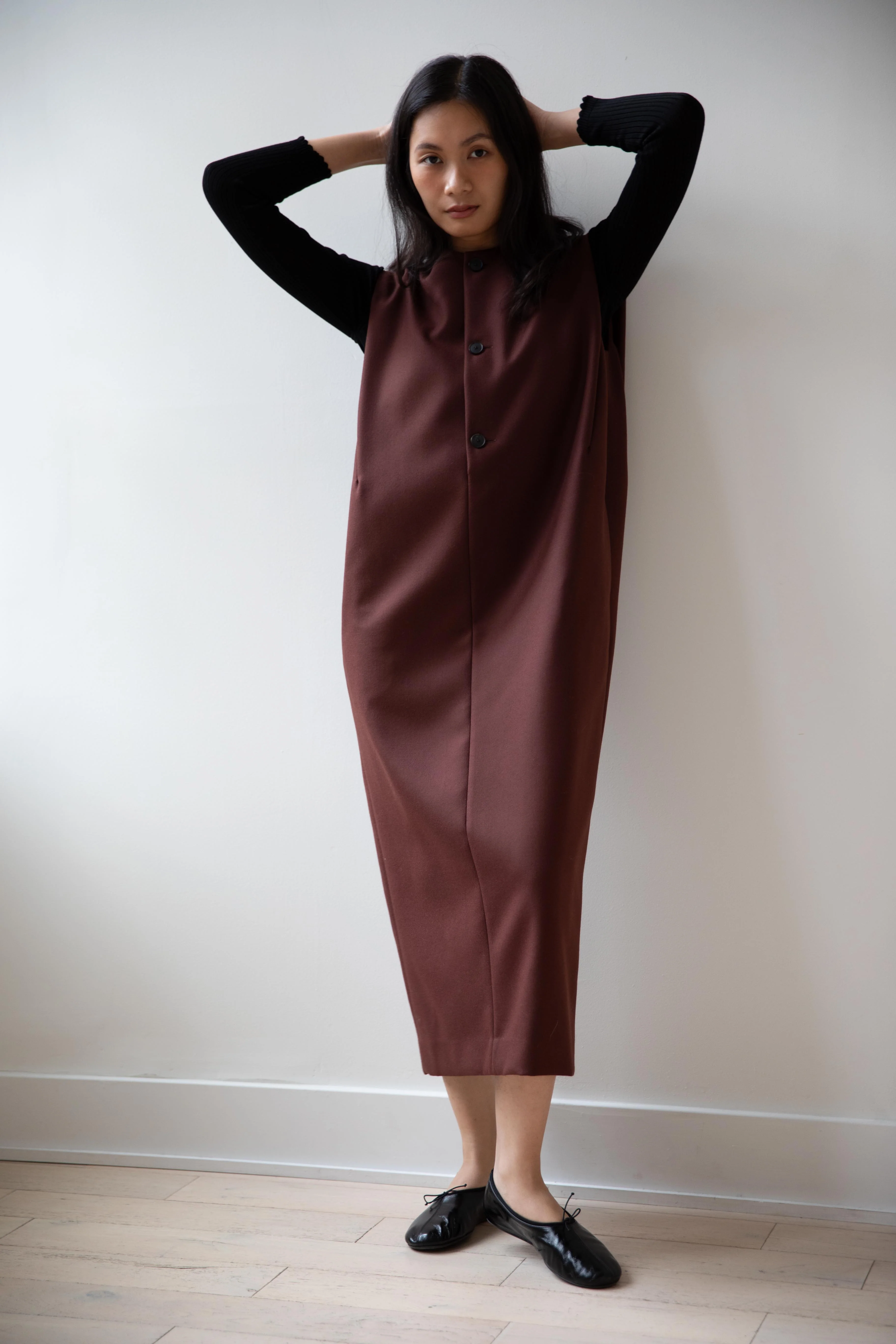 Auralee | Light Melton Sleeveless Dress in Bordeaux - Image 8