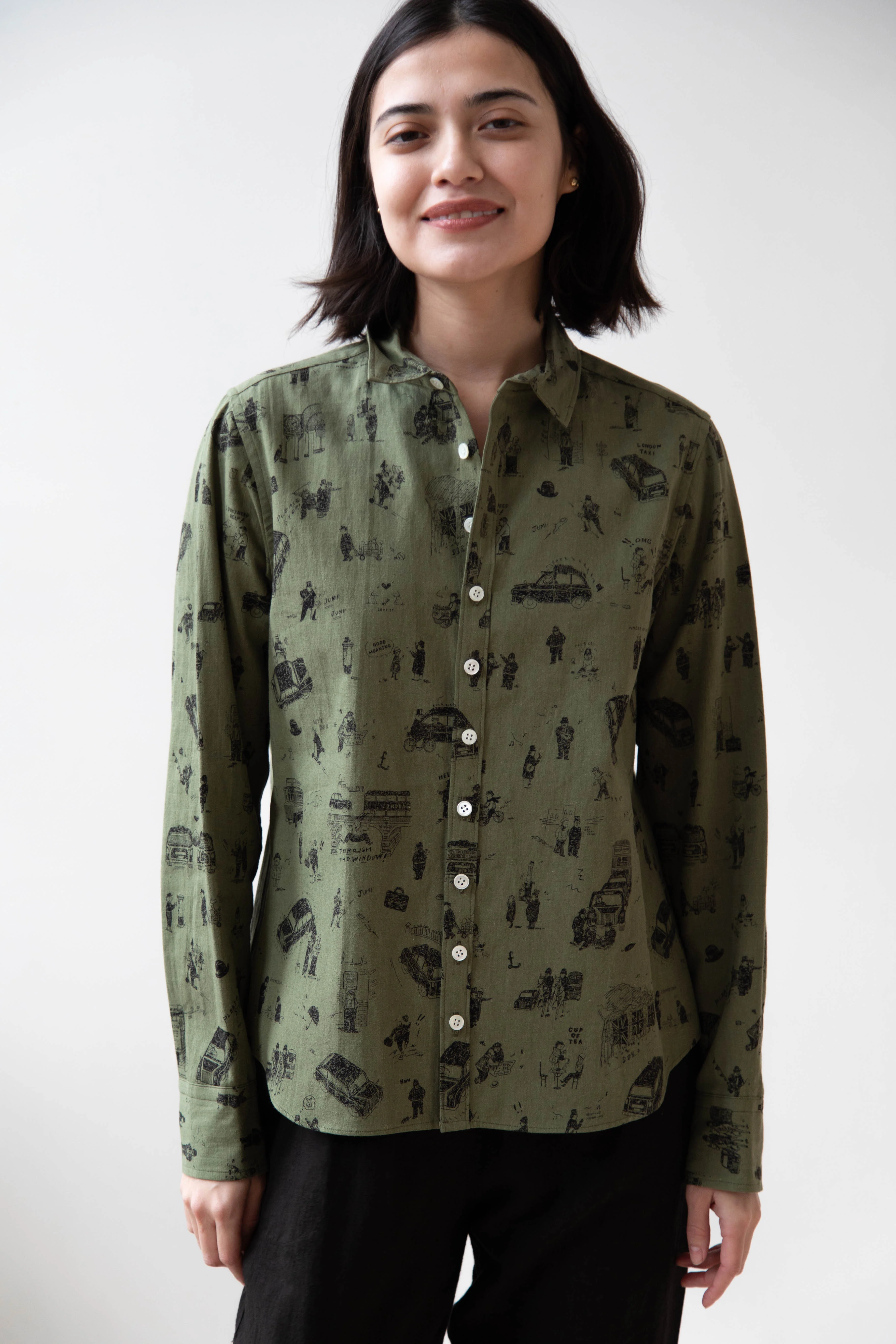 Old Man's Tailor | Small Collar Shirt in "Where is My Dog?" Print in Khaki - Image 3