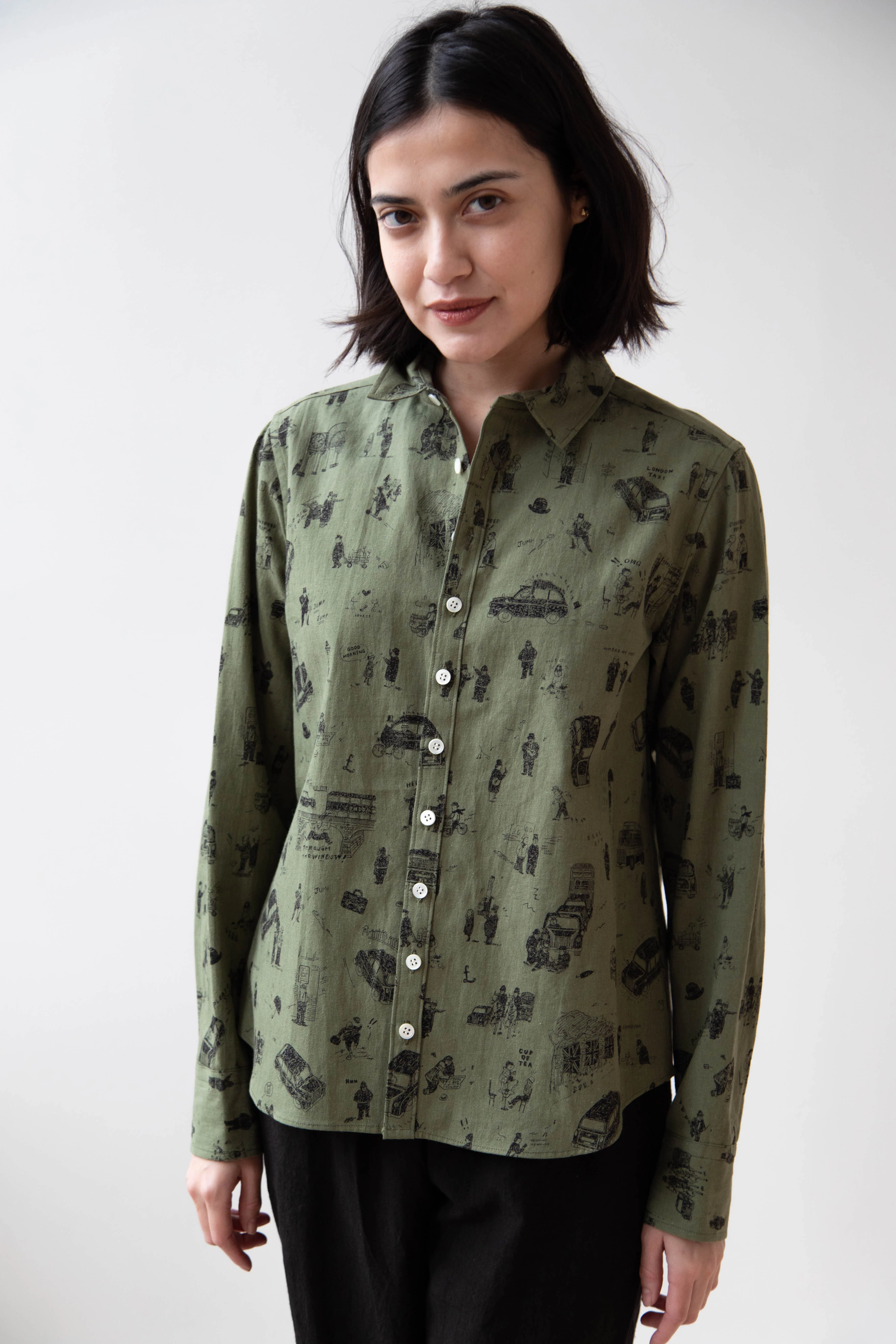 Old Man's Tailor | Small Collar Shirt in "Where is My Dog?" Print in Khaki - Image 4